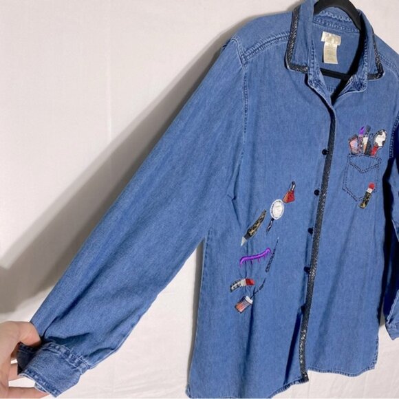 Vintage Bobbie Brooks Med Wash Denim Embroidered Button Up Top XL - Picture 10 of 15